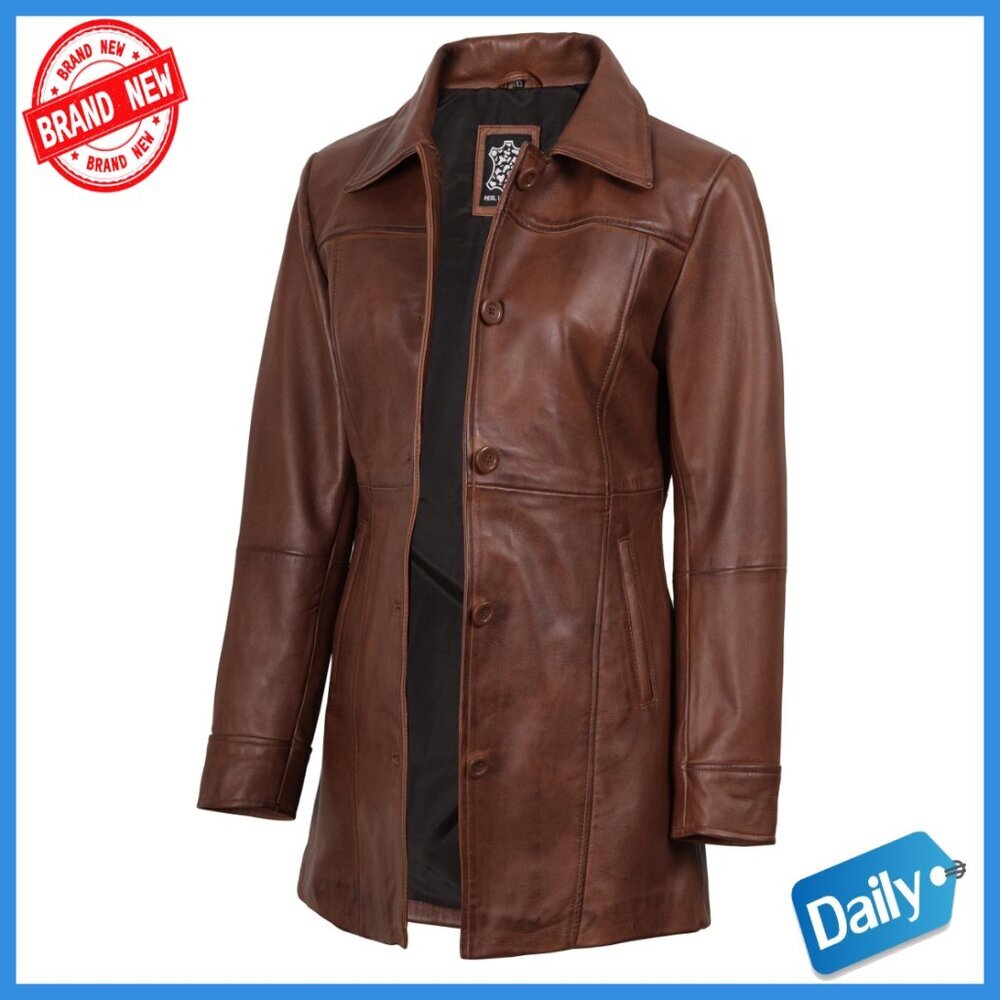 Lambskin Leather Jacket Women's Long Coat with Phone Pocket Thumbholes